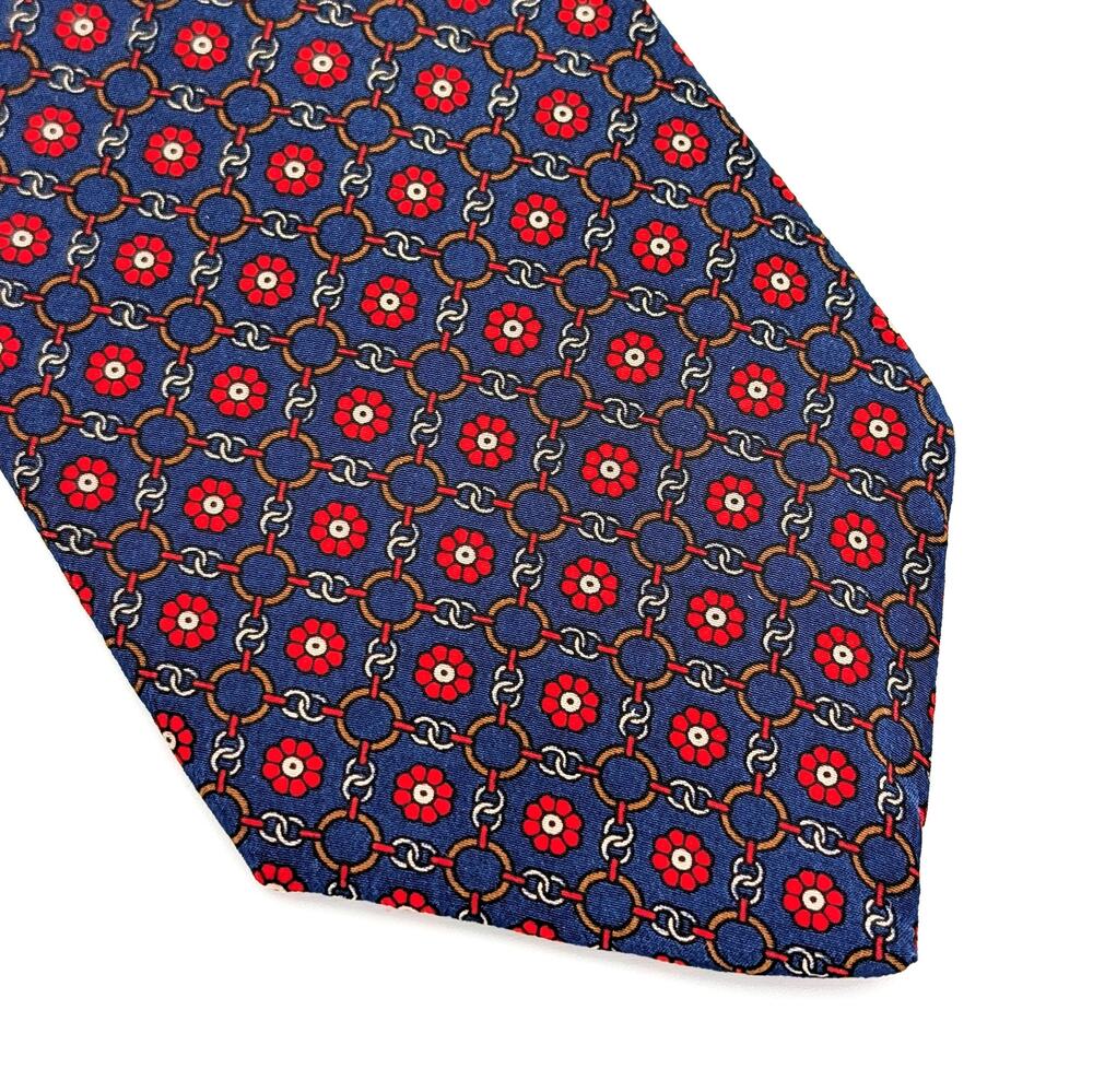 Vintage 80s Bert Pulitzer Silk Tie Chain Link Floral Foulard Old Money Navy Red
